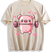Cute Pig Lifting Barbell Heart Vintage Washed T-Shirt in Beige