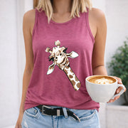 Giraffe with Flower Crown Crew-neck Sleeveless Vest Women's Color Cotton Tank Top in Red