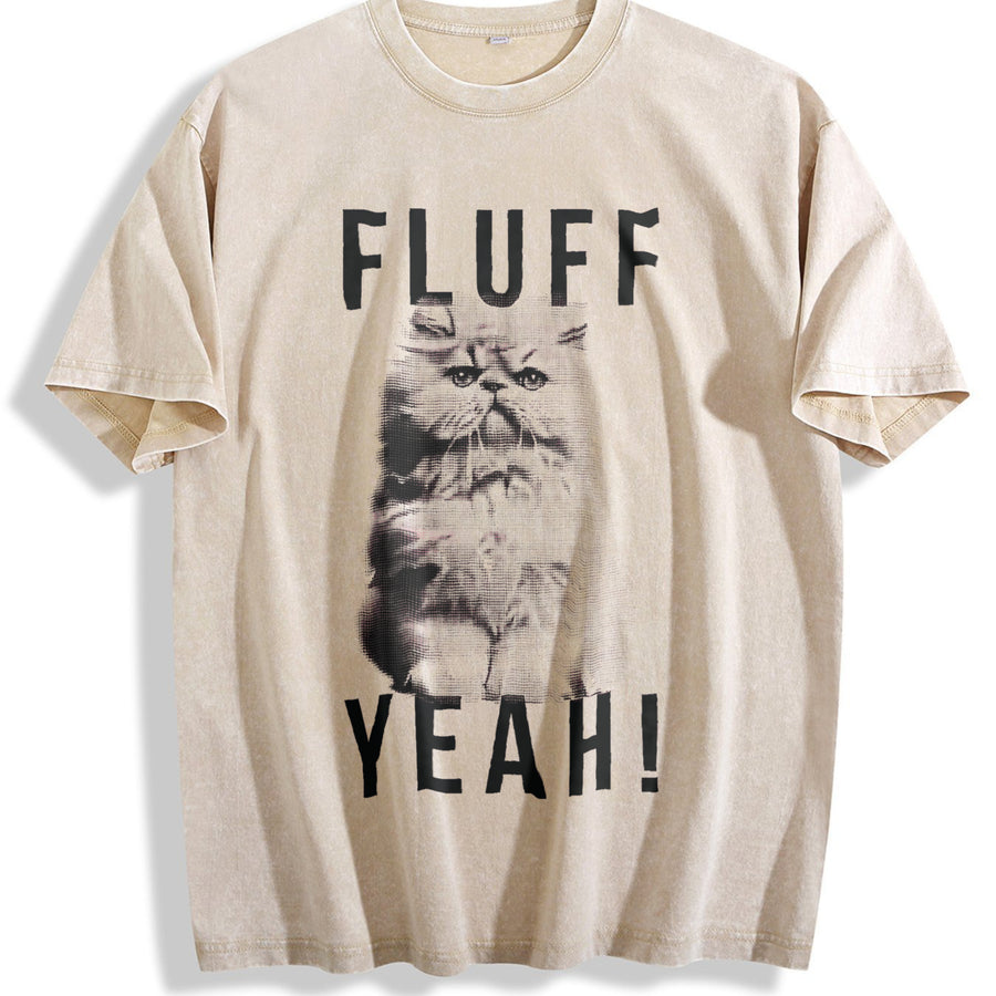 Fluff Yeah Kitty Cat Animal Lover for Ladies Cute Ladies Vintage Washed T-Shirt in Beige
