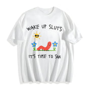Wake Up Slts Animal Meme Sarcastic Cursed Unhinged Humor Cotton T-Shirt in White