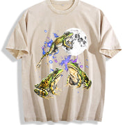 Three Frog Retro Frogs Moon Vintage Washed T-Shirt in Beige