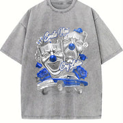 Short-sleeve Blue Smile Now Cry Later Silk Screen Vintage Washed T-Shirt in Gray