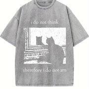 Dark Gray Philosophical Quote & Black Cat Acid Vintage Washed T-Shirt in Gray