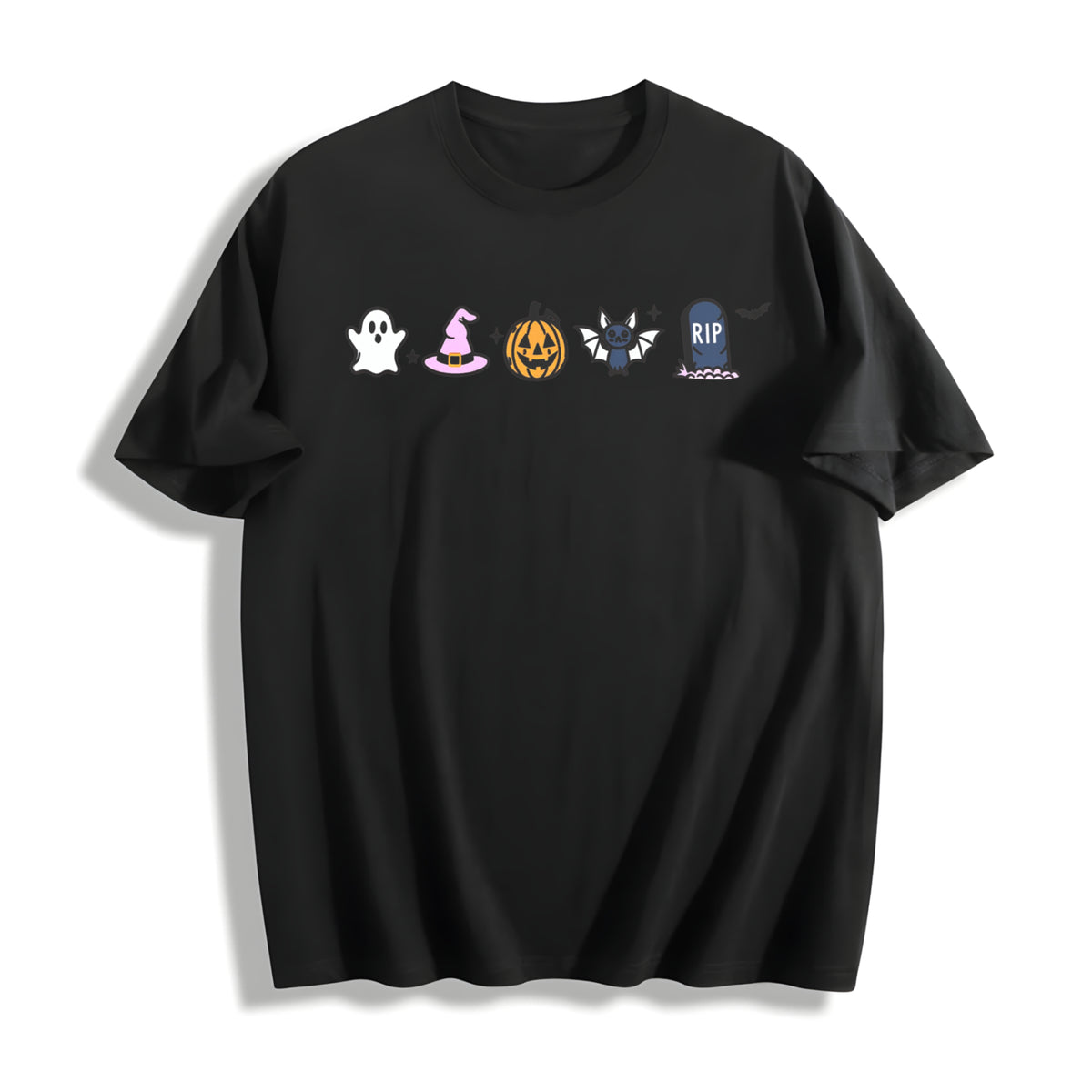 Halloween Icons Embroidered Cotton T-Shirt in Black