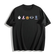 Halloween Icons Embroidered Cotton T-Shirt in Black