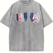 USA Flags Typography Vintage Washed T-Shirt in Gray