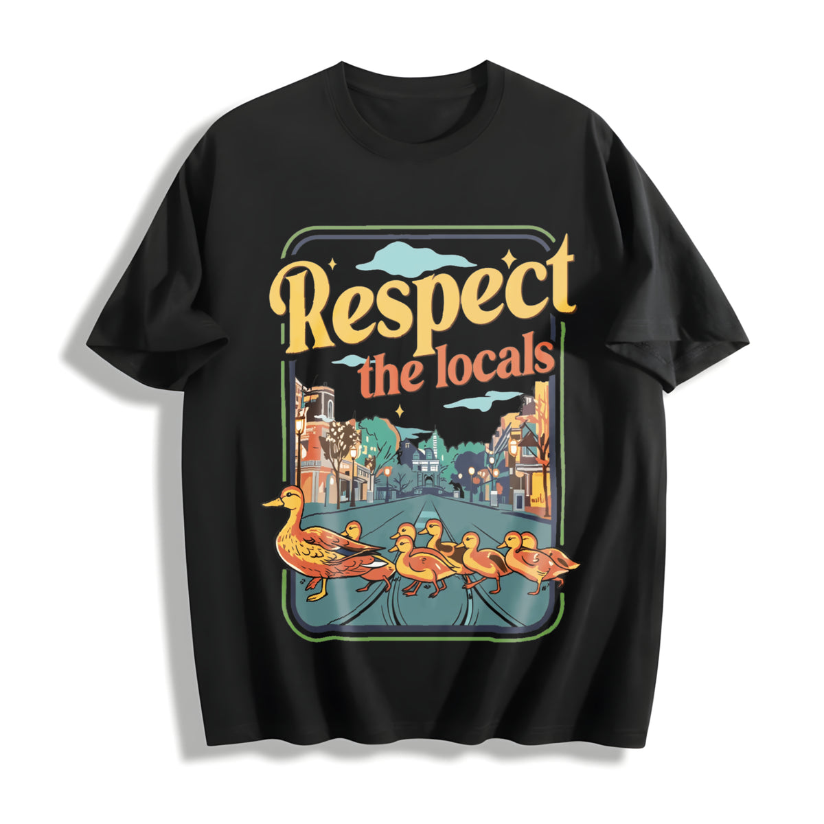 Momma Ducks and Babies Respect the Locals Cotton T-Shirt in Black