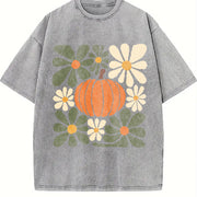 Retro Pumpkin Fall Floral Pumpkin Vintage Washed T-Shirt in Gray