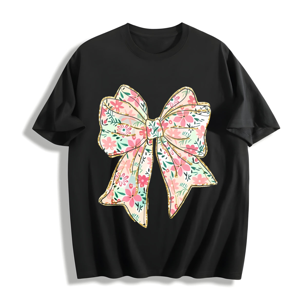 Coquette Bow Floral Bow Cotton T-Shirt in Black
