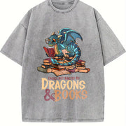Blue Dragon Buried in Books Letter Vintage Washed T-Shirt in Gray
