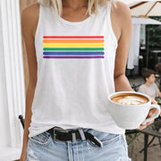 Rainbow Stripes Crew-neck Sleeveless Vest Outdoor Women's Color Cotton Tank Top in White