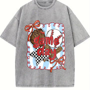 Baseball Game Day Coquette Bow Baseball Mama Vintage Washed T-Shirt in Gray