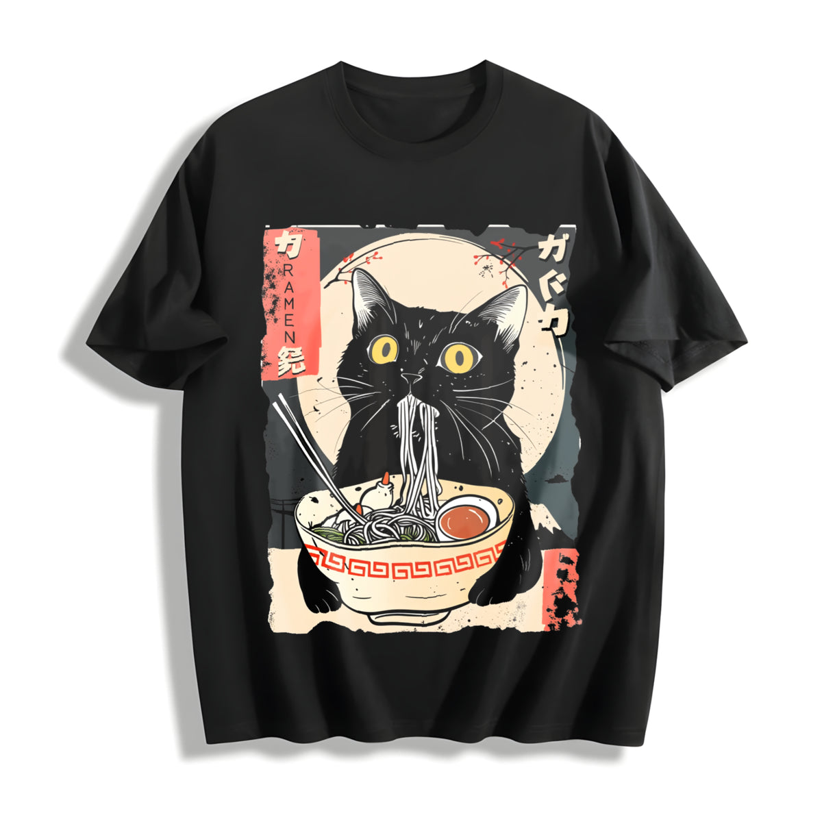 Cat & Ramen Noodles Cotton T-Shirt in Black