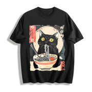 Cat & Ramen Noodles Cotton T-Shirt in Black