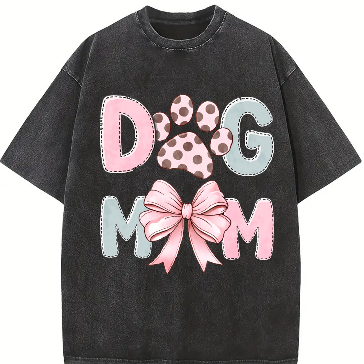 Dog Mom Paw Print Bow Vintage Washed T-Shirt in Black