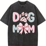 Dog Mom Paw Print Bow Vintage Washed T-Shirt in Black