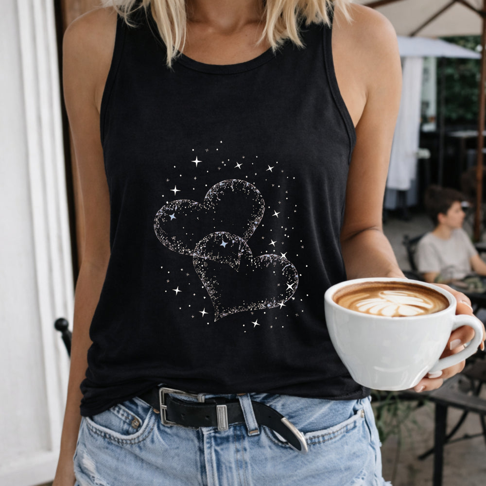 Star Sparkle Heart Crew-neck Sleeveless Vest Outdoor Women's Color Cotton Tank Top in Black