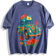 Turquoise Floral Breathable Blouse for Daily and Party vintage washed oversized T-shirt in Blue
