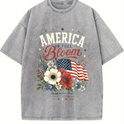 America Bloom Patriotic Floral Flag 4th of July Flowers Vintage Washed T-Shirt in Gray