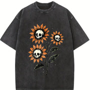Skull Sunflowers Gothic Goth Creepy Cute Alt Grunge Y2K Vintage Washed T-Shirt in Black