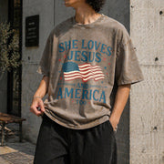 She Loves Jesus and America Too Vintage Washed T-Shirt in Brown