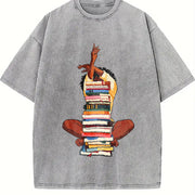 Premium Black Woman and Books Stack Afro Girl Book Lover Vintage Washed T-Shirt in Gray