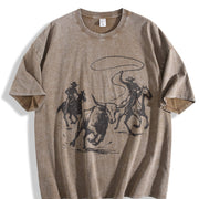 Cowboys Roping Bull Vintage Washed T-Shirt in Brown