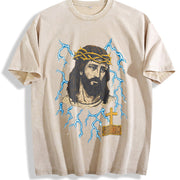 Jesus Lightning 90s Vintage Washed T-Shirt in Beige