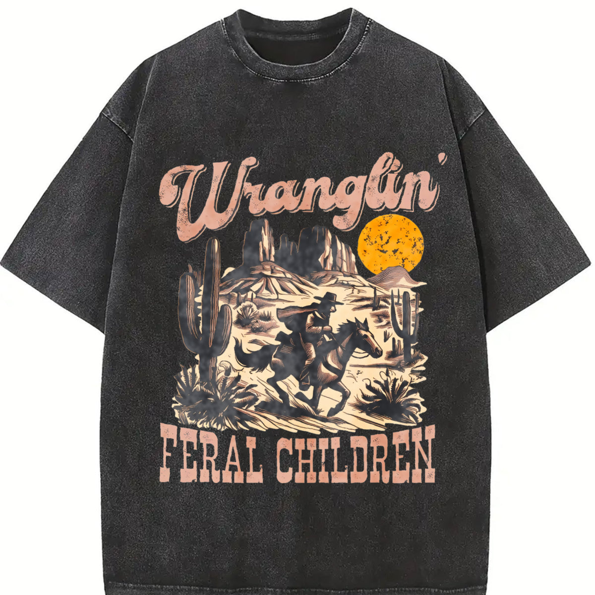 Retro Wranglin' Feral Children Raccoon 90s Western Vintage Washed T-Shirt in Black