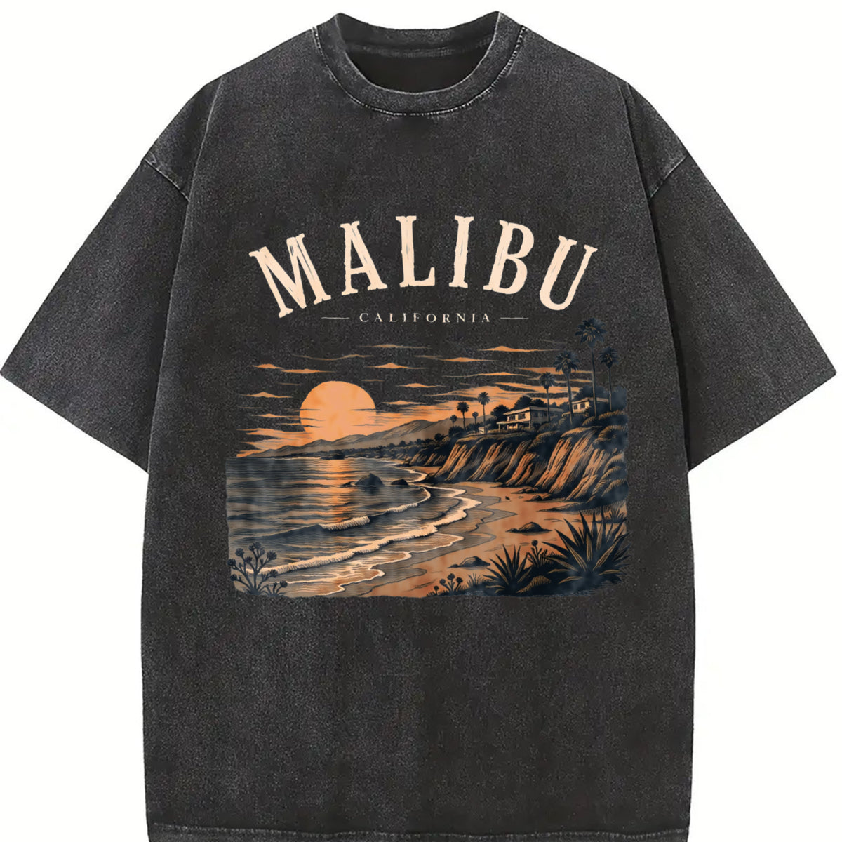 Malibu California Beach Travel Coastal Surf Souvenir Surf Vintage Washed T-Shirt in Black