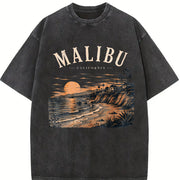 Malibu California Beach Travel Coastal Surf Souvenir Surf Vintage Washed T-Shirt in Black
