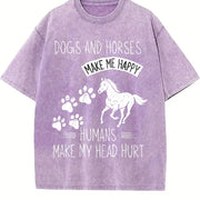 Dogs and Horses Make Me Happy Humans Make My Head Hurt Vintage Washed T-Shirt in Purple