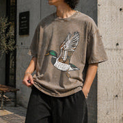 Embroidered Duck Animal Lover Vintage Washed T-Shirt in Brown