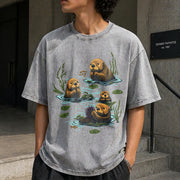 90s Sea Otter Retro Wildlife Vintage Washed T-Shirt in Gray
