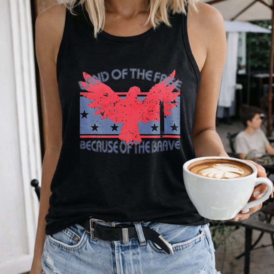 USA Land of the Free Because of the Brave Women's Color Cotton Tank Top in Black