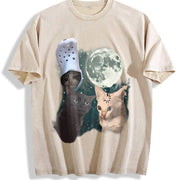 Three Cats Retro Moon Vintage Washed T-Shirt in Beige