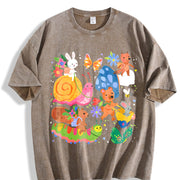 Cute Forest Animals and Mushrooms Vintage Washed T-Shirt in Brown