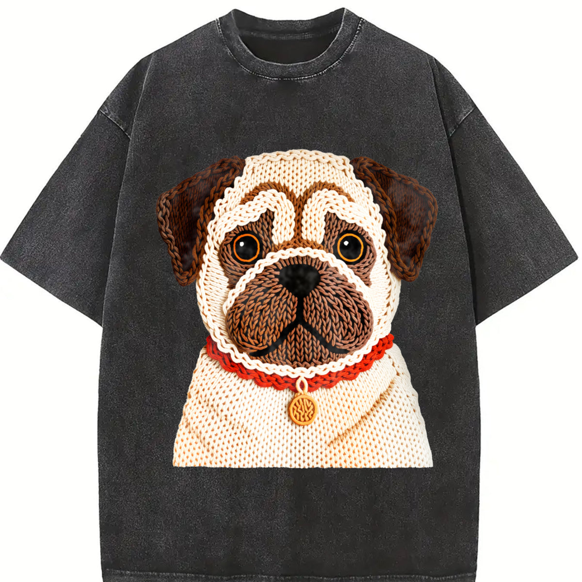Winter a Pug Round-neck Long-sleeve Vintage Washed T-Shirt in Black