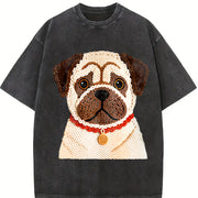 Winter a Pug Round-neck Long-sleeve Vintage Washed T-Shirt in Black