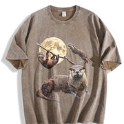 Otter Moon Retro River Otters Wildlife Vintage Washed T-Shirt in Brown