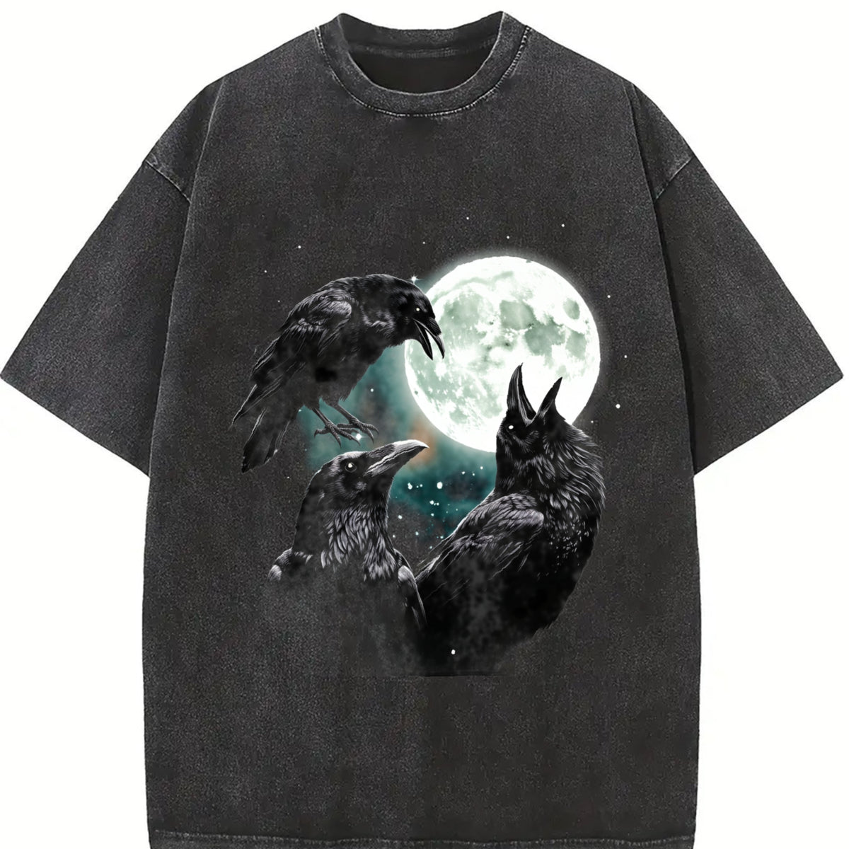 Raven Howling to Moon Vintage Washed T-Shirt in Black
