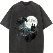Raven Howling to Moon Vintage Washed T-Shirt in Black