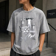 UFO Cat Retro Space Alien Vintage Washed T-Shirt in Gray