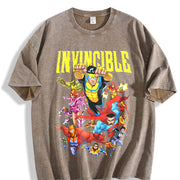 Retro Invincible Mark Grayson & Superhero Team Vintage Washed T-Shirt in Brown