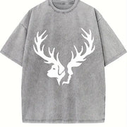 Effortless Chic Urban Explorer Statement: Two Deer Heads Vintage Washed T-Shirt in Gray
