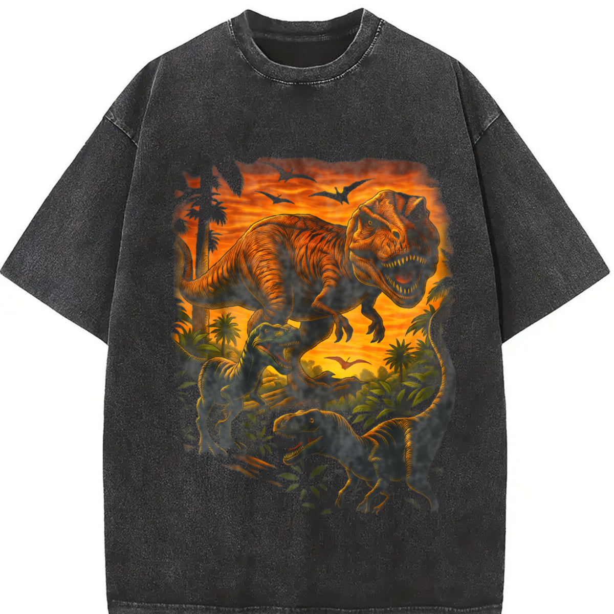 T-rex Dinosaur Jurassic Prehistoric Vintage Washed T-Shirt in Black