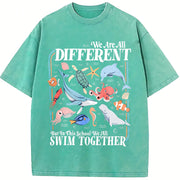 We Are All Different Swim Together Inclusive Ocean Animals vintage washed oversized T-shirt in Blue