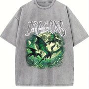 Dragons Fantasy Retro Dragon Grunge Vintage Washed T-Shirt in Gray