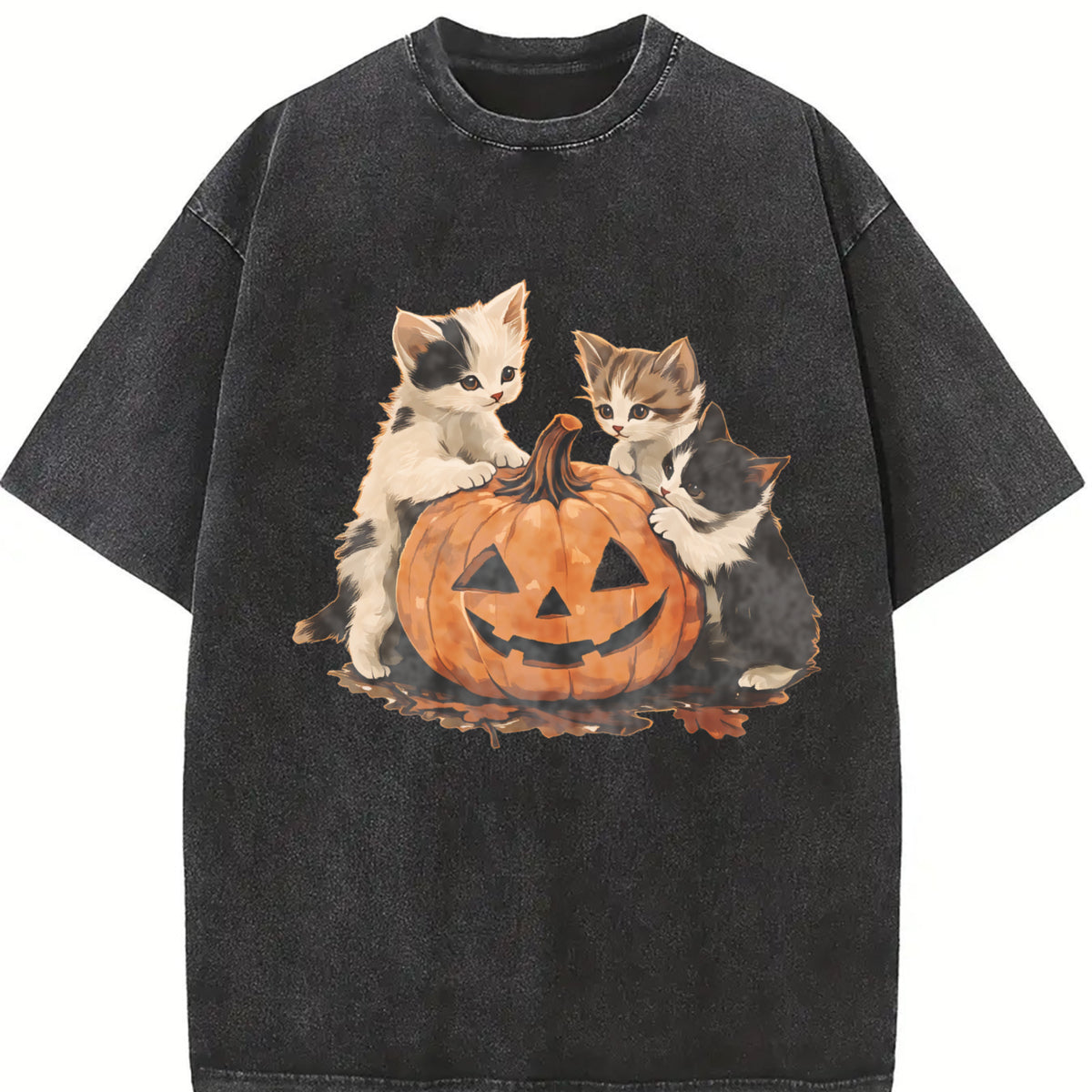 Halloween Kittens & Pumpkin vintage washed oversized T-shirt in Black