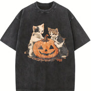 Halloween Kittens & Pumpkin vintage washed oversized T-shirt in Black